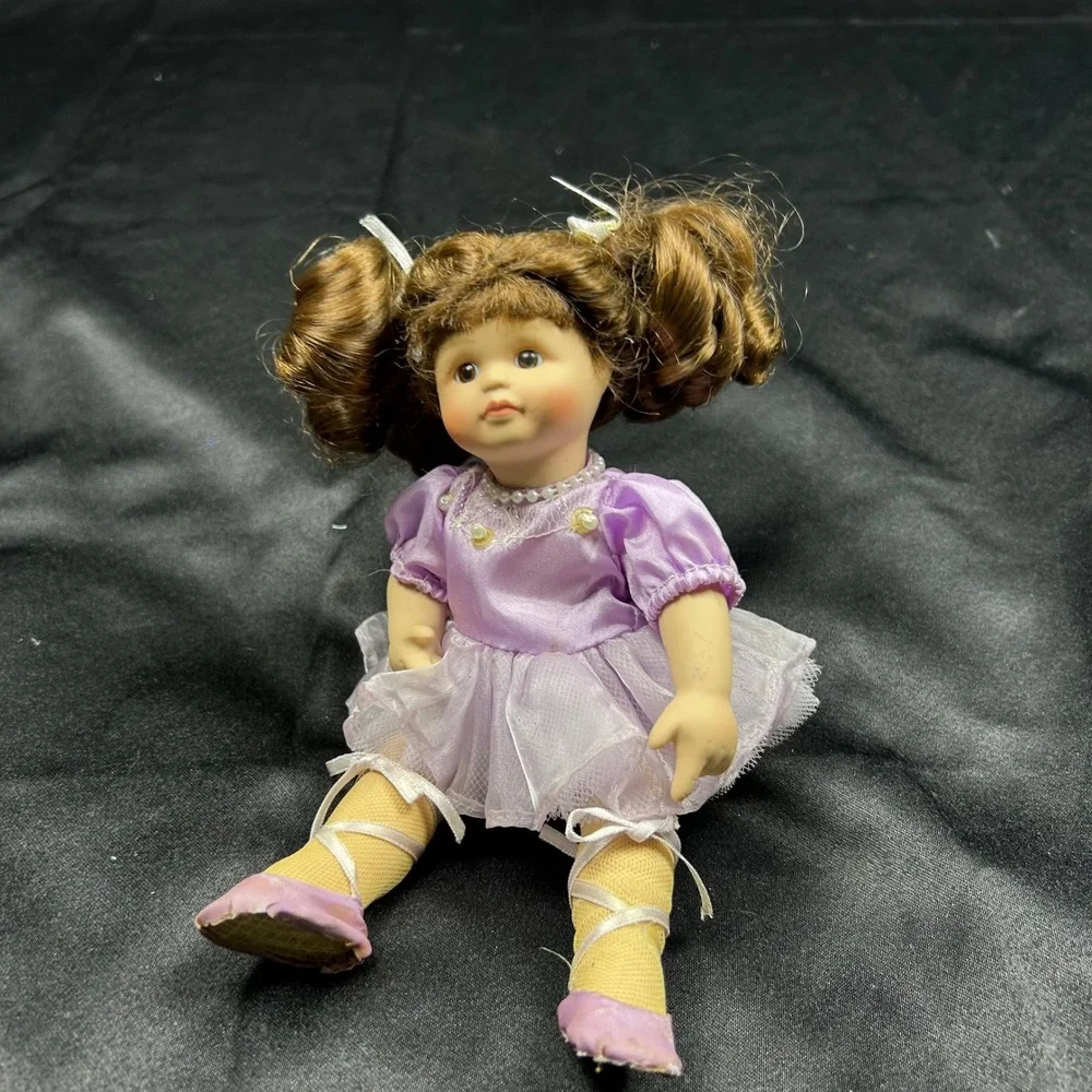 Vintage Miniature Porcelain Ballerina Doll Lavender Tutu Brunette Pigtails 8in